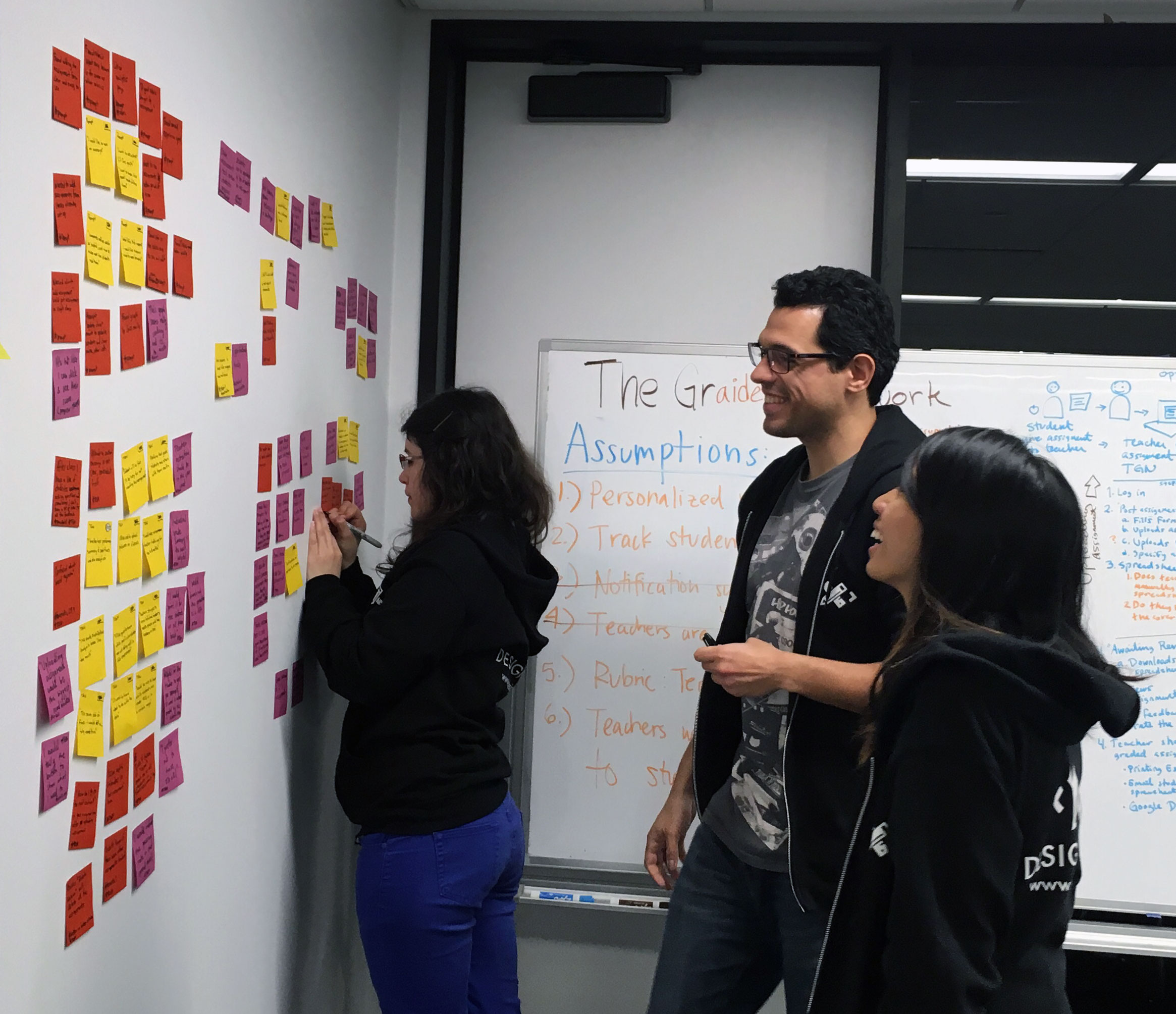 User experience designers in front of a wall of sticky notes with user quotes and grouping them by theme.