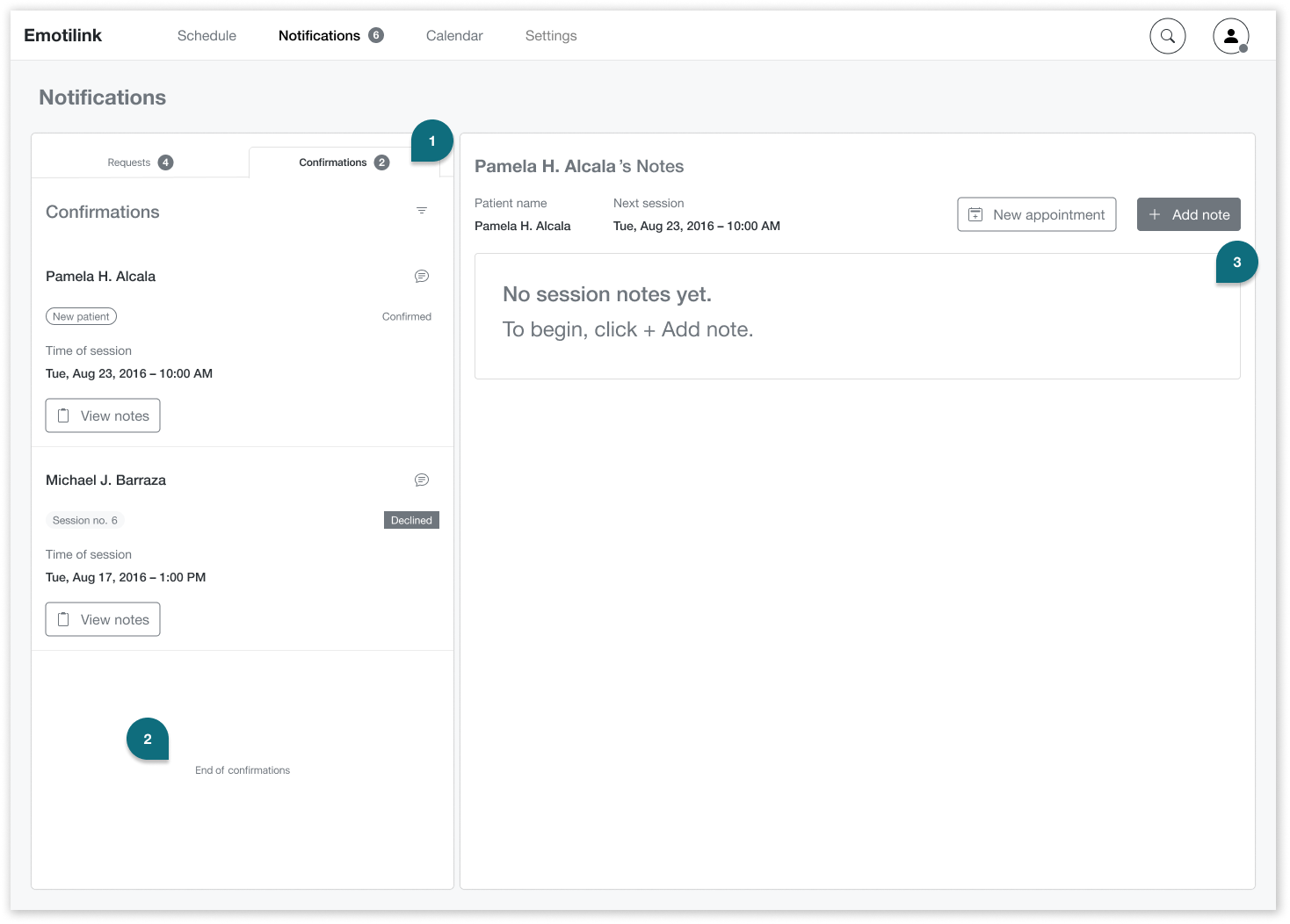 Notification screen appointment confirmation section