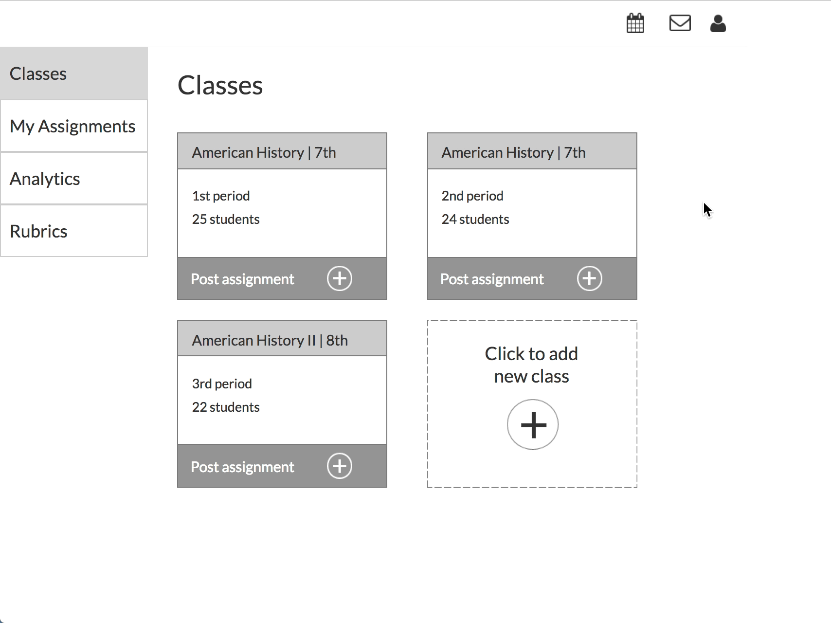 Classes page with option to post assignments and view status of previous assignements.
